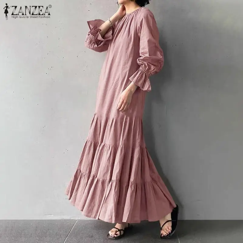 

ZANZEA 2021 Long Flare Sleeve Dresses Solid Maxi Robe Oversize Autumn Ruffles Sundress Women Casual O Neck Solid Party Vestidos