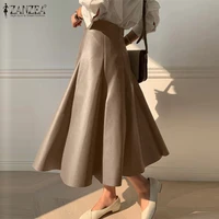 casual 2021 high waist midi skirt women fashion pu leather skirts zanzea elegant ol solid skirt office lady zipper a line bottom