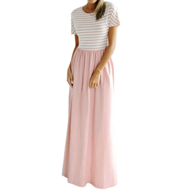 Летнее платье макси в полоску с коротким рукавом и круглым вырезом|Женские
