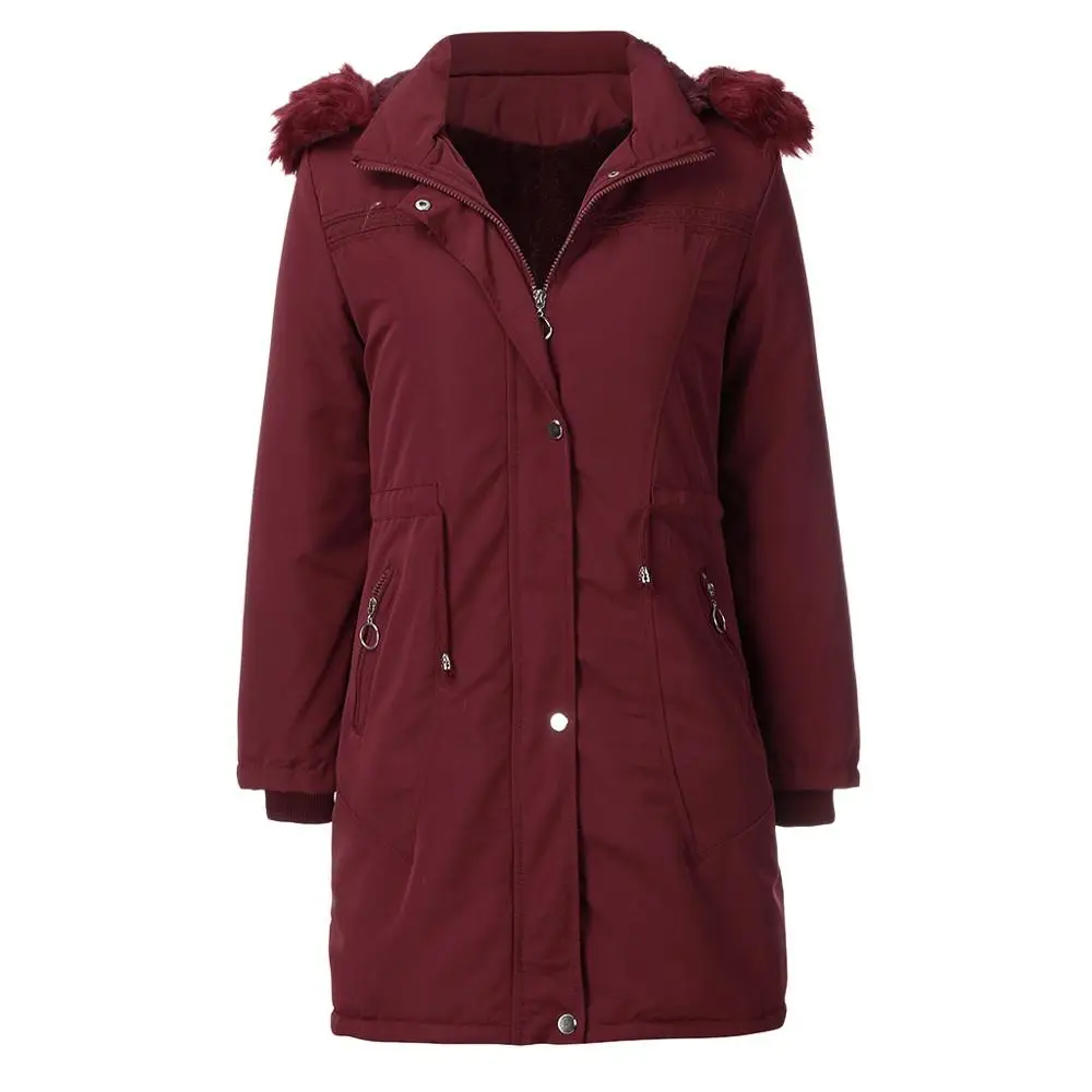 

Women Padded Coat Mid-Length Large Fur Collar Hooded Detachable Winter Warmth Plus Fleece Overcoat Pleated Jacket