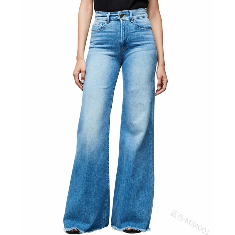 

Mandylandy Jeans Spring Autumn Fashion High Waist Button Denim Flare Pants Women's Casual Solid Color Loose Wide Leg Jeans