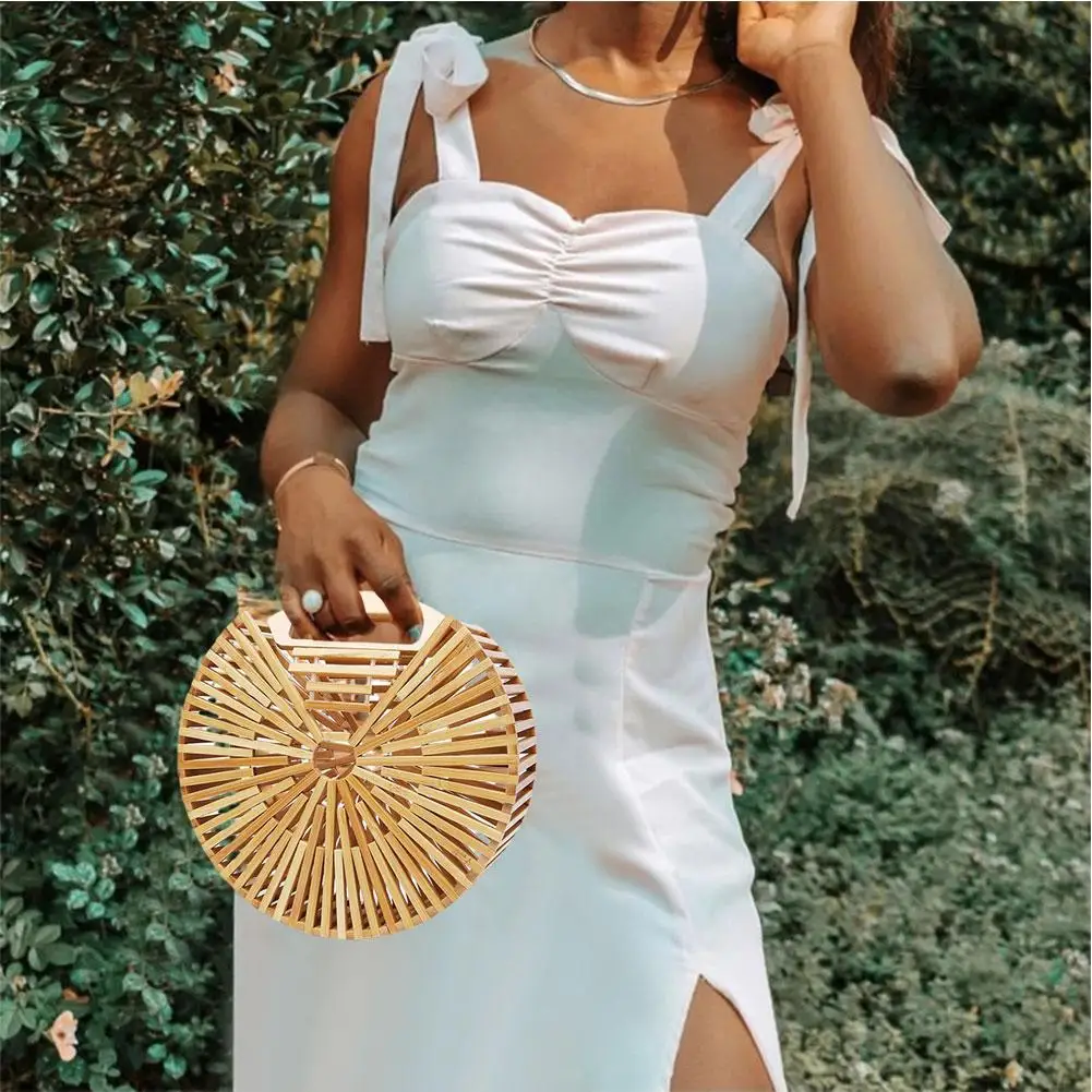 New Style Bamboo Ladies Handmade Hand-carrying Bamboo Bag Beach Bag Semi-circular Bamboo Woven Bag Bamboo Knot Bag