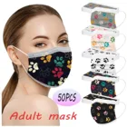 50 шт. маски для лица с принтом Собачья лапа, одноразовая цифровая трехслойная Защитная дышащая маска для взрослых, женская маска с заушными петлями, бандажные маски