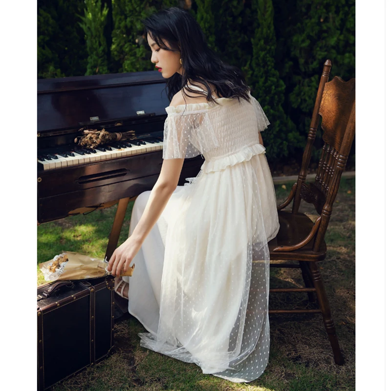 

Long Apricot Mesh Women Straps Dress Fairy Korean Runway 2021 Dresses Summer Elegant Vintage Casual Party Night Vacation Dress