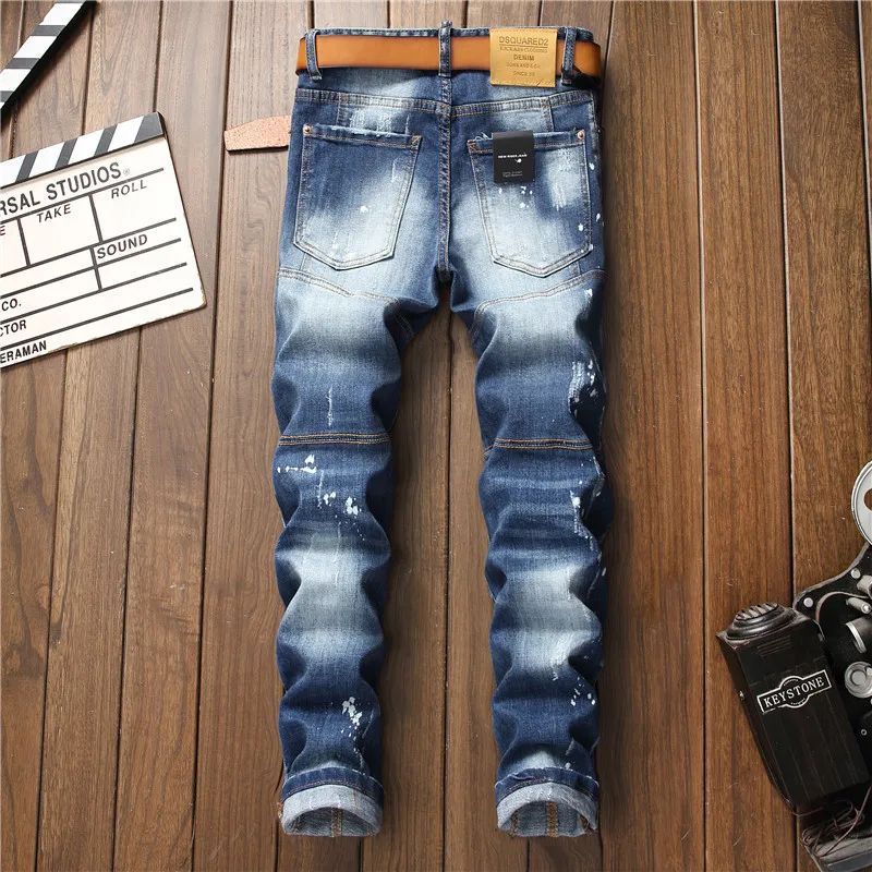 

Italy Fashion Men's Brand Jeans Denim Patch Hole Pants Male Slim Fit Ripped Jeans Paint Trousers