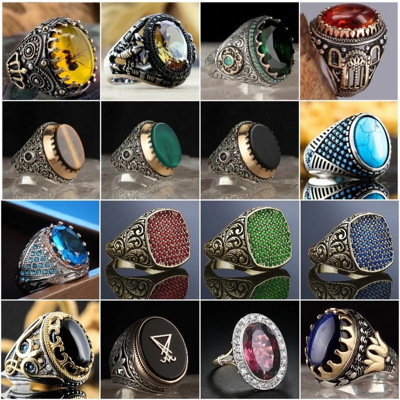 

New Punk Large Dark Green Zircon Stone Ring for Men Retro Jewelry Ancient Silver Color Two Tone Carved Metal Oval Finger Rings