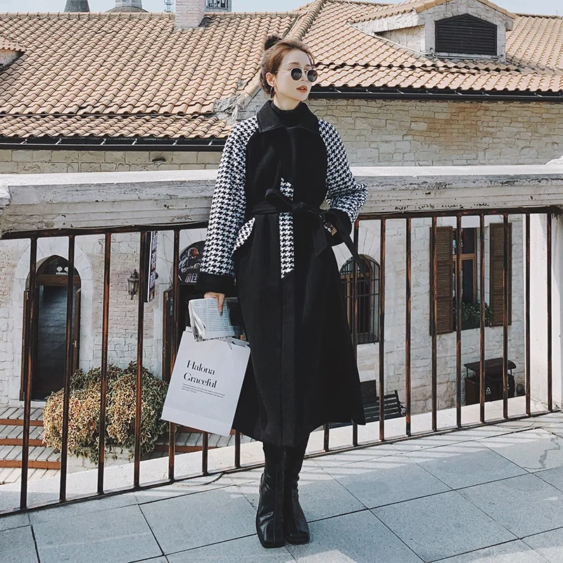 

England Style Plaid Splice Black Woolen Trench Coat Winter Clothes Women Vintage Elegant Loose Casual Belted Long Overcoat 8977