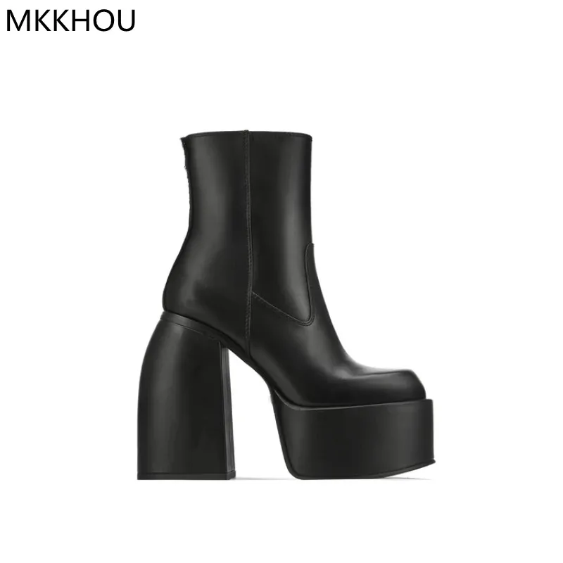 

MKKHOU Fashion Short Boots Women's New Genuine Leather Square Toe Platform Boots Thick Heel 14cm Super High Heel Middle Boots