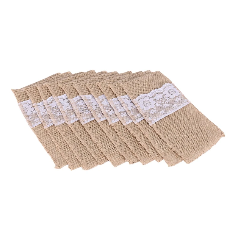 

New 50 pcs Natural Jute Cutlery Knives and Forks Cutlery Set Silverware Bag Holder Burlap & Lace Party Wedding Decor, 21x11cm