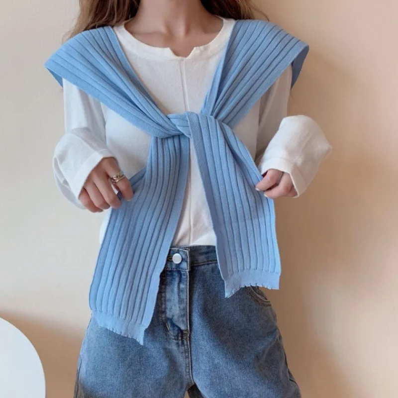 

Knitted Women Shrug Elegant Solid Color Preppy Style Shoulder Wraps False Autumn Sweater Shawls W136