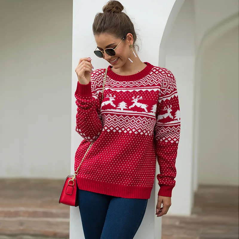 

Fannic 2020 Christmas Sweater Women 's Round Neck Long Sleeve Pullover Deer Printed Knitted Sweater