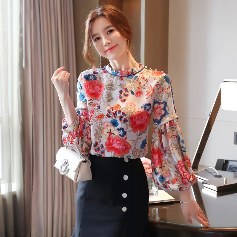 

Autumn Womens Floral Shirt Fashion Lantern Sleeve Chiffon Top Womens Tops and Blouses Blusas
