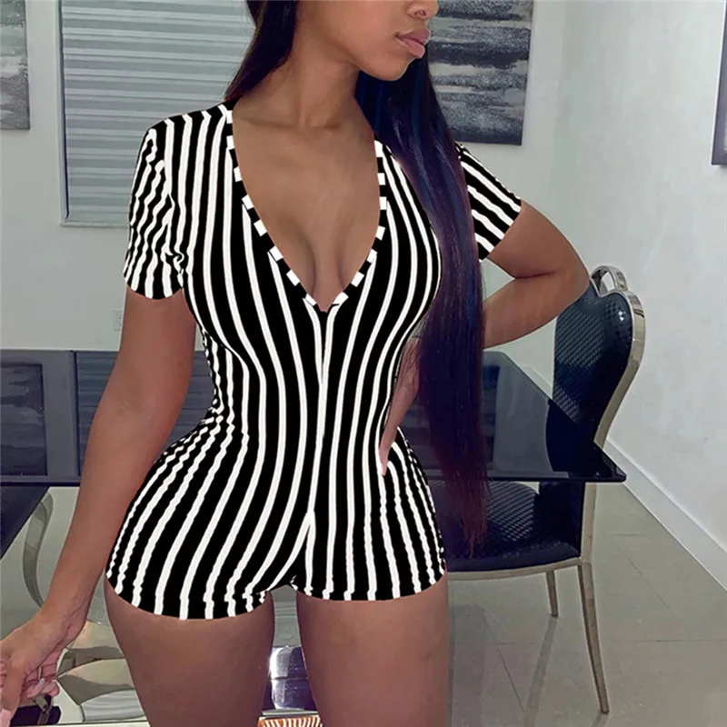 

2020 Sexy Women Deep V-neck Bodycon Jumpsuit Romper Sleepwear Short Sleeve Striped Summer Jumpsuit Short Romper Bodysuit Leotar