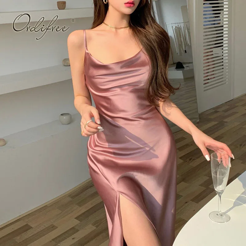 

Ordifree 2022 Summer Women Sexy Party Dress High Slit Spaghetti Strap Vintage Pink Long Satin Slip Dress 3XL 4XL