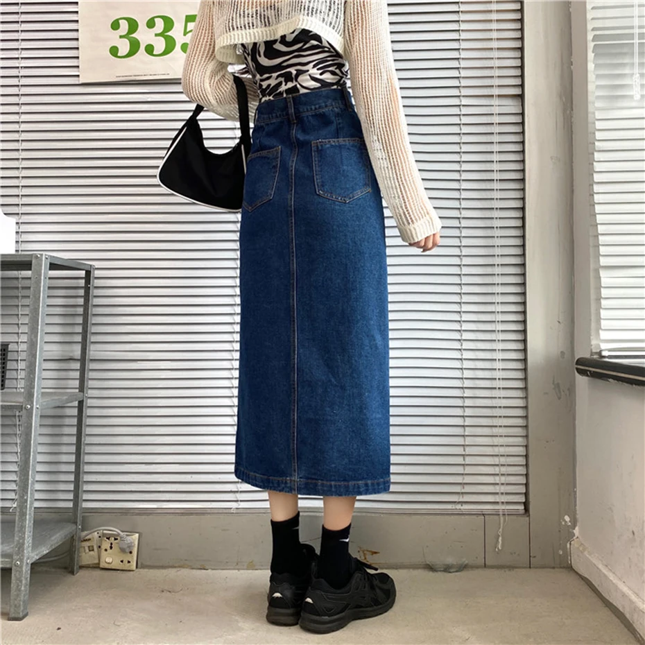 

Chic Harajuku Jeans Skirt Womens 2020 Autumn Split Sexy Denim Skirt Femme High Waist Long Skirts Vintage Side Zipper Autumn Saia