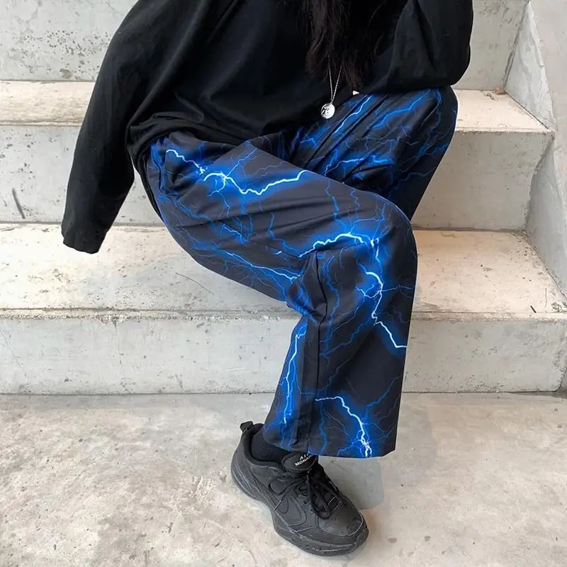 

HOUZHOU Y2k Lightening Wide Leg Pants Women Oversize Harajuku Hippie Streetwear Korean Fashion Trouser For Female Aesthetic