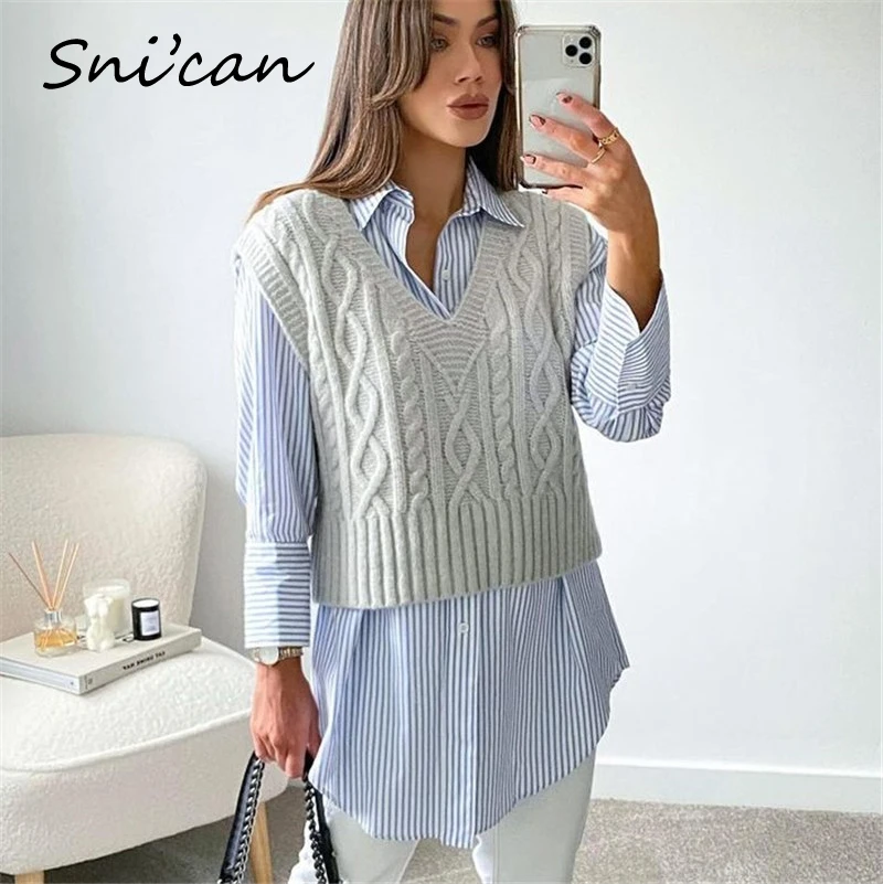 

Snican Spring Sleeveless V Neck Sweater Vest Women Za 2021 Pullover Ladies Tops Jumper Pull Sans Manches Femme Designer Gilet