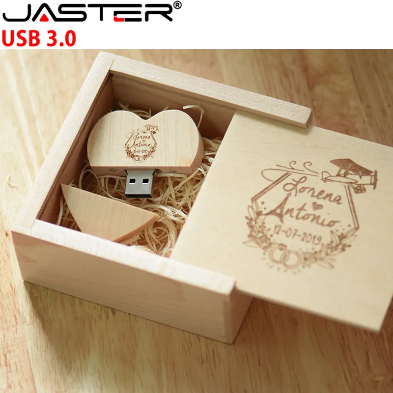 JASTER USB 3.0 wooden Heart-shaped usb+box pendrive 4GB 8GB 16GB 32GB 64GB 128GB usb flash drive External storage memory stick