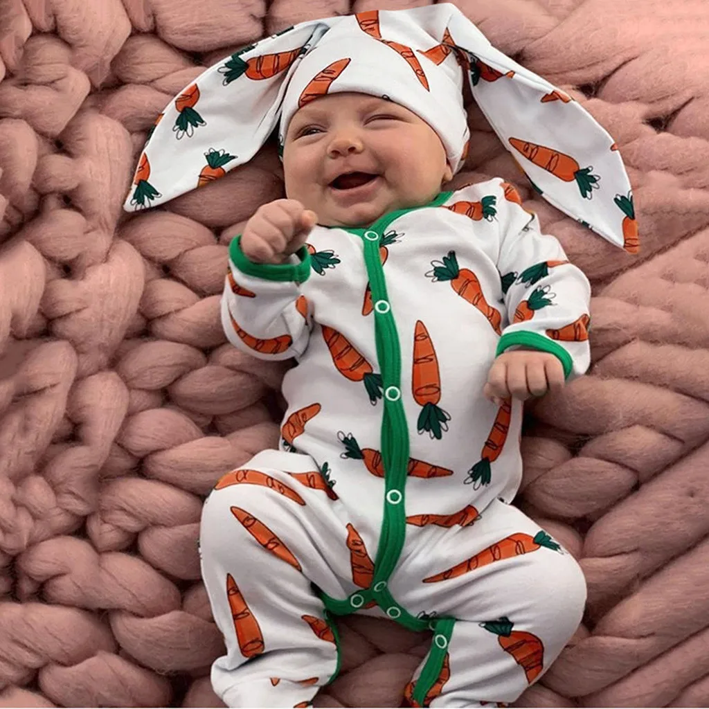 

Infant Baby Boys&girls Clothing Cartoon Carrot Print Romper Jumpsuit And Rrabbit Ears Hat New Year Costume for Newborn Overall