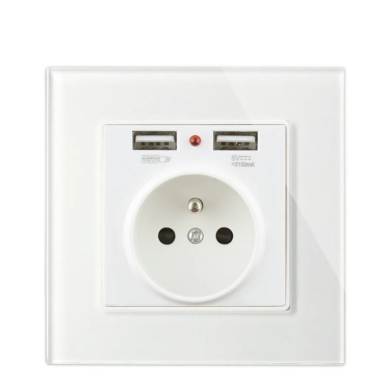 FR Standard Atlectric EU FR стандартная розетка с двумя usb-портами адаптер для зарядки со светодиодным индикатором розетка для настенного зарядного устройства закаленное стекло - Тип: FR Standard