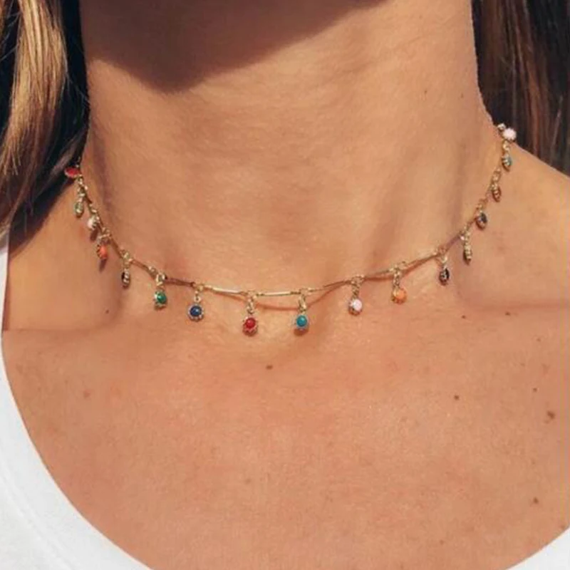 

Tocona Single Layer Color Crystal Beads Pendant Clavicle Chain Necklace Women Boho Necklace Fashion Jewelry on the Neck B31203