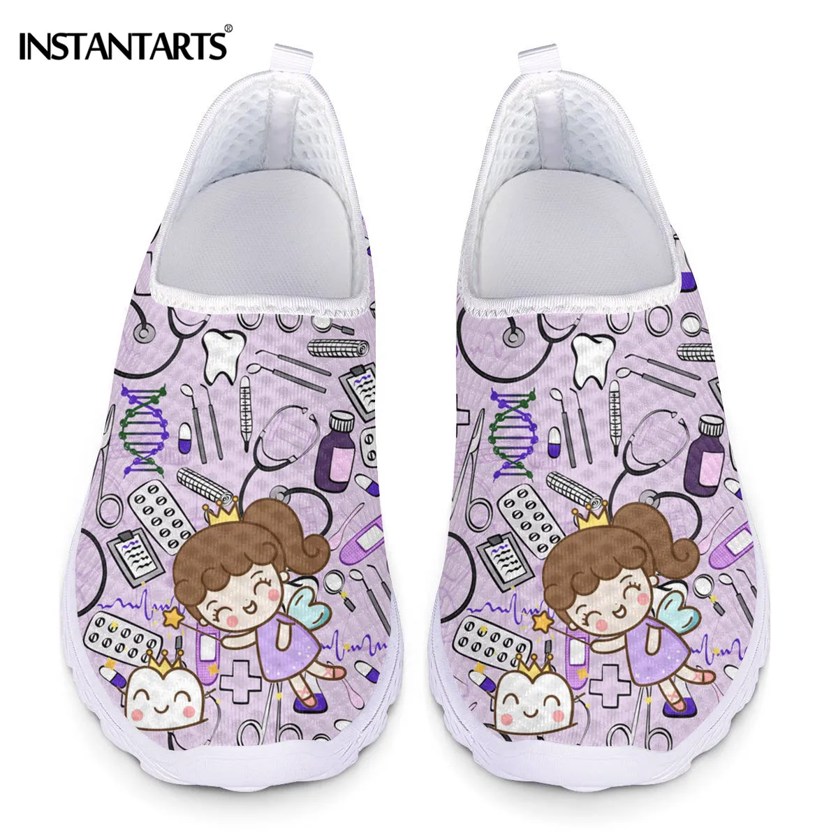 

INSTANTARTS Cute Cartoon Medical Nurse Shoes Dentist Flat Shoes Women Casual Flats Comfort Breathable Mesh Slip on Footwear