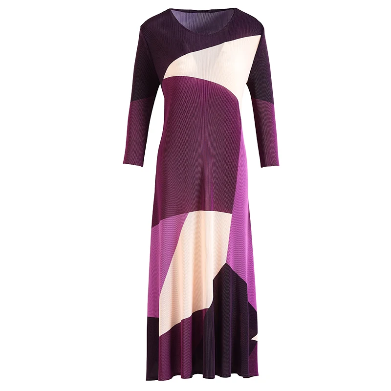 

Dresses For Women 2021 Spring New Plus Size Round neck Big Stretch Loose Miyake Pleated 3/4 sleeve Dress Mid-Calf Length