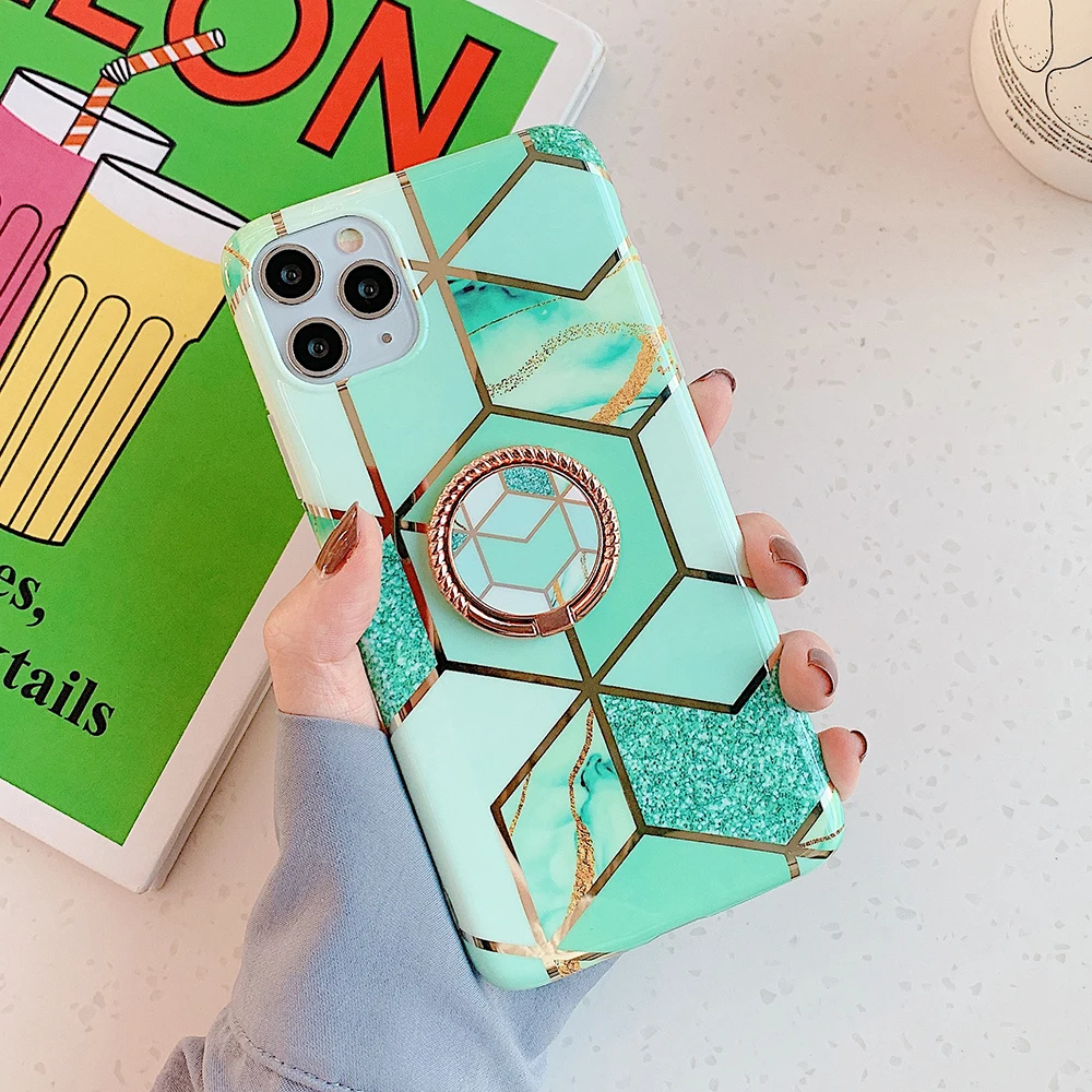 

Electroplated Geometric Marble Phone Case For Huawei P40 P20 P30 Pro Lite Mate 20 30Pro Lite Ring Holder Soft Back Cover