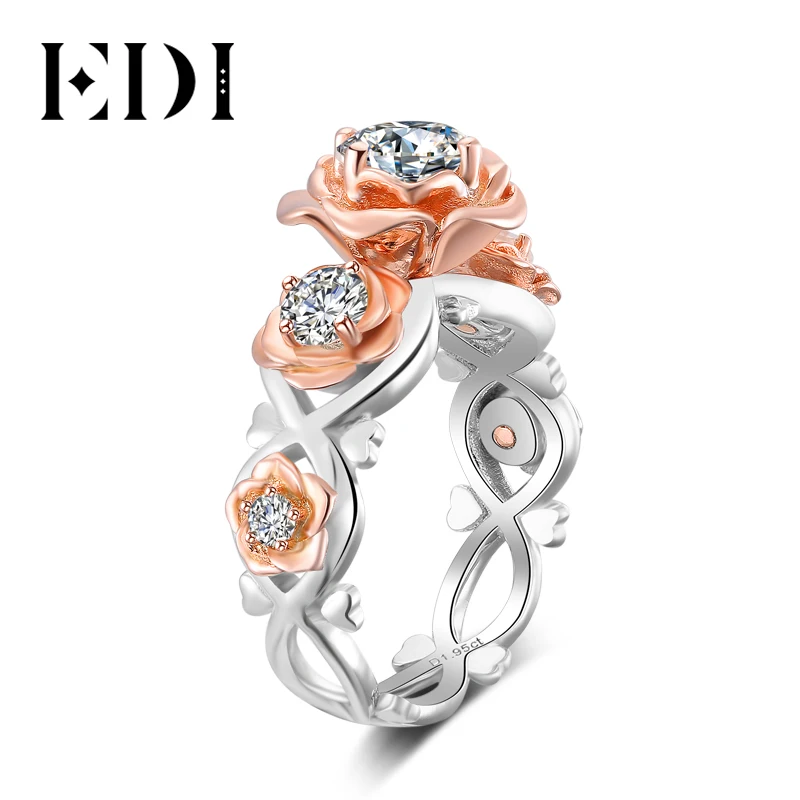EDI цветок розы 1CT Moissanite алмазное свадебное кольцо блестящее 14K 585 многоцветные