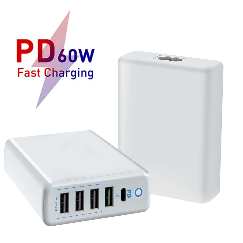 

60W Charger 5 Ports USB-C Type-C QC3.0 20W PD USB Fast Charger Station For iPhone 12 X Xs 8 Xiaomi Huawei Phone Travel Charger
