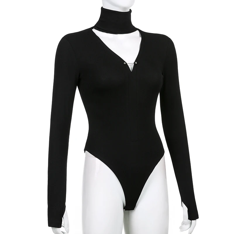 Rockmore Gothic Skinny Long Sleeve Zipper Bodysuit Women Cotton Ladies Bodysuits Off Shoulder Bodycon Jumpsuit Streetwear Autumn