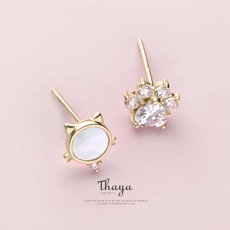 Thaya ассиметричные золотые серьги с милым котом и цирконием из серебра 925 для