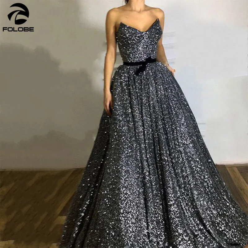 

New Arrival Sequined Evening dress Sweetheart Gray Party dress Evening gowns A-Line Dubai Arabic formal dress Vestidos