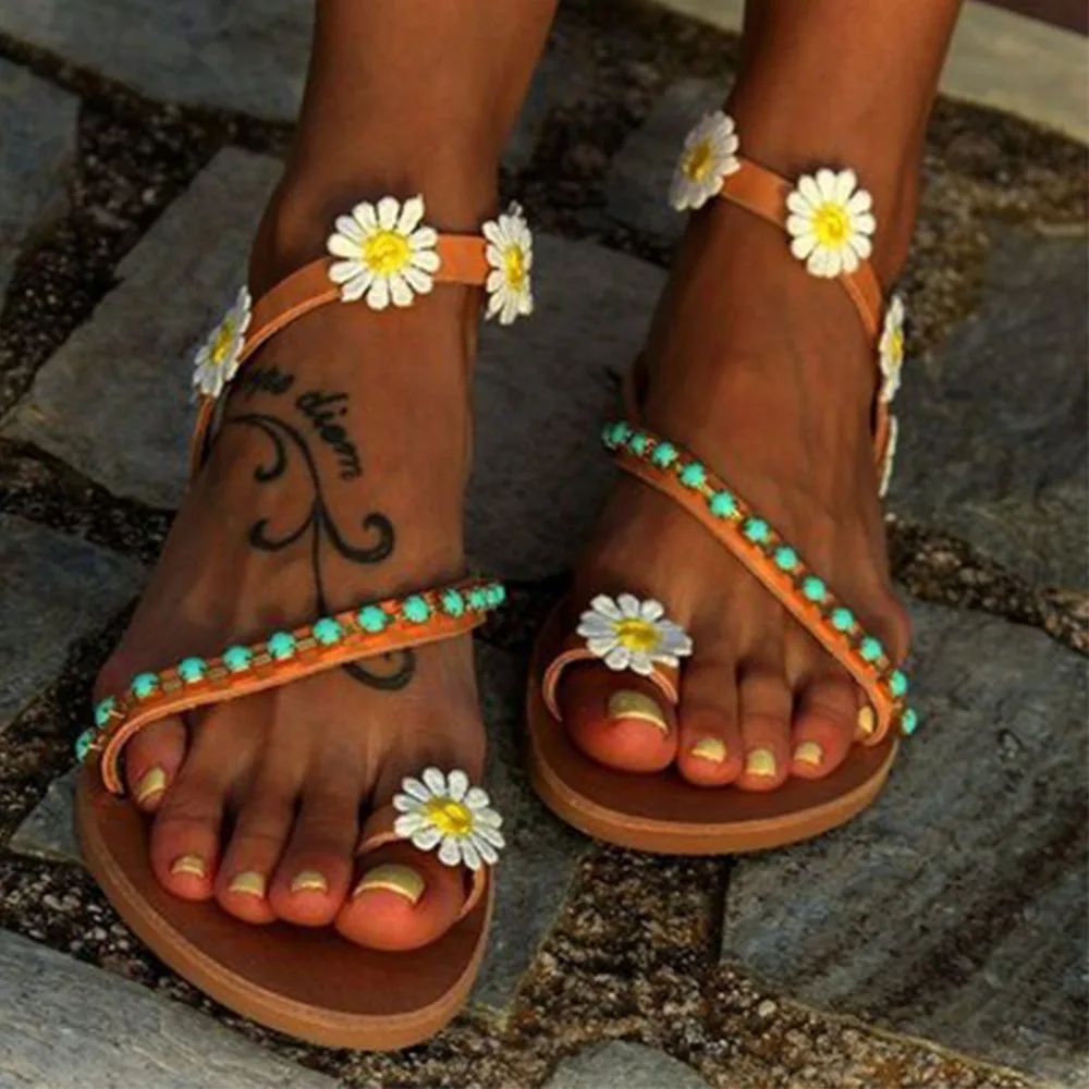 

Bohemian Flower Sandals Summer Sexy Womens Shoes Beach Sandals Casual Flat Sandals Large Size Womens Shoes