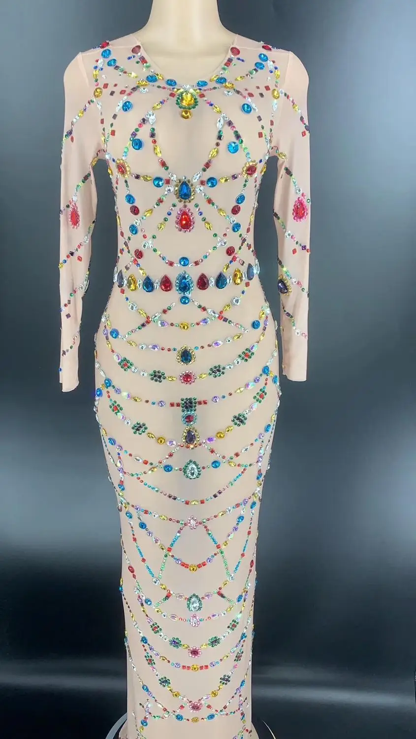 2 Colors Mesh Big Rhinestones Long Dress Birthday Outfit Transparent Dress Female Singer Show Celebrate Dress