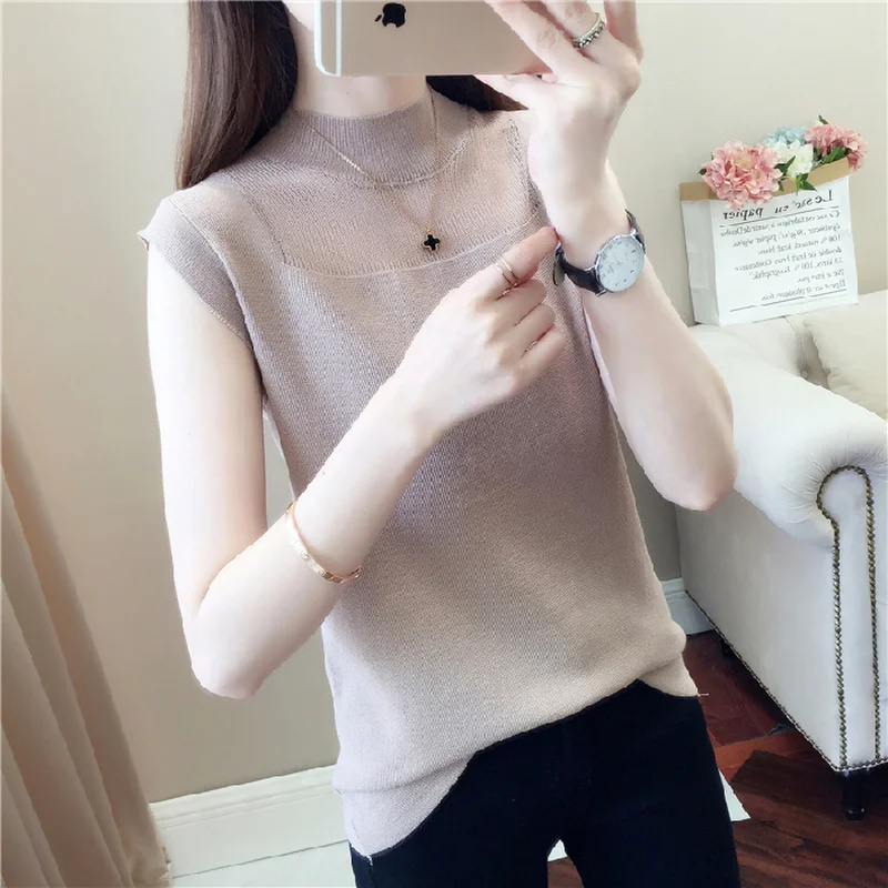 

Женский Свободный Топ без рукавов, однотонная черная блузка со стоячим воротником, модель 2020 в Корейском стиле на лето, 0614