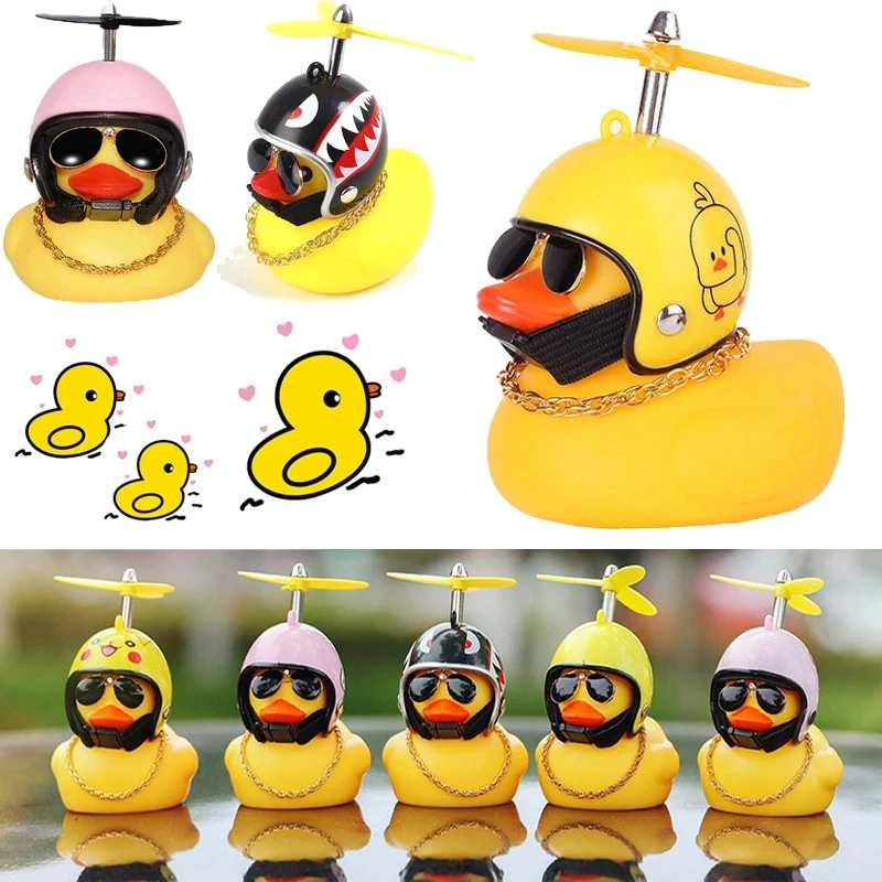 

Little Lovely Lucky Duck Car Ornament Creative Decoration Car Dashboard Toys with Helmet and Chain Funny Auto Accessories