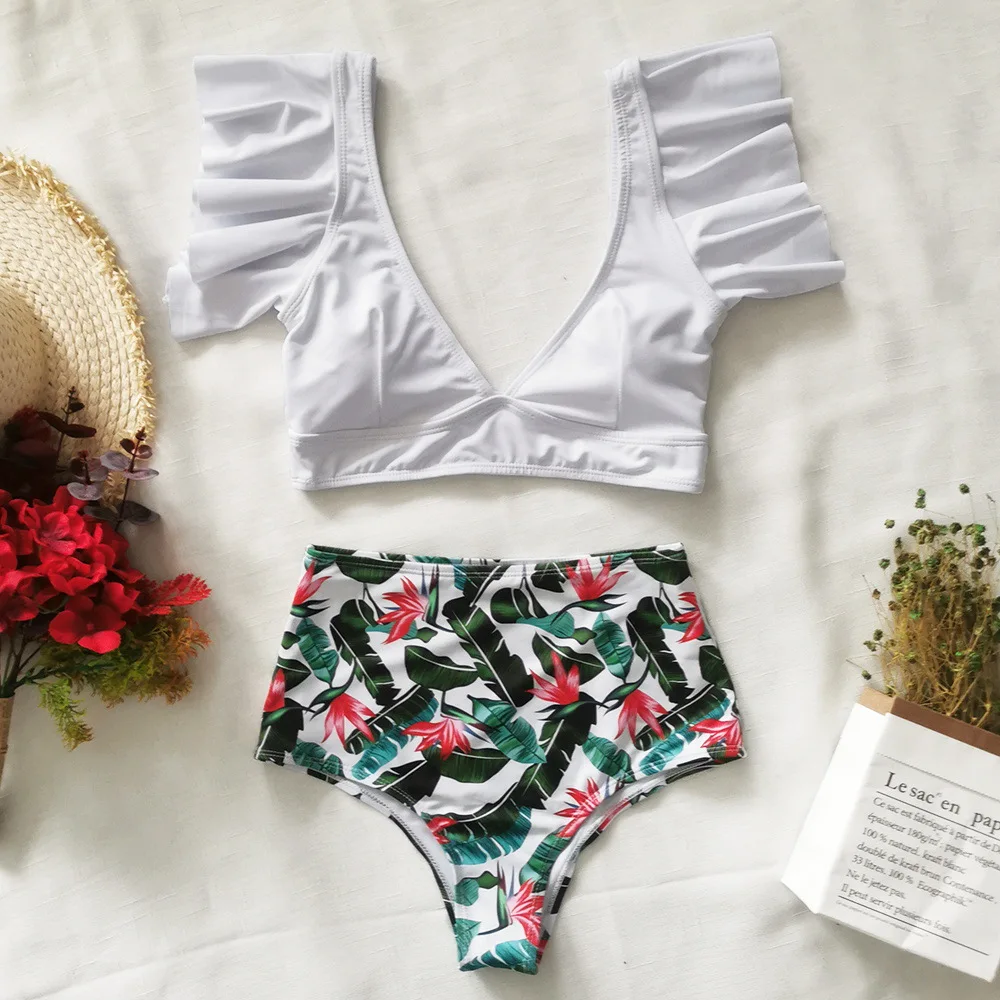 

push-up floral retro high waist overseas swimsuit bikini 2021 new sexy ruffled deep V female swimsuit