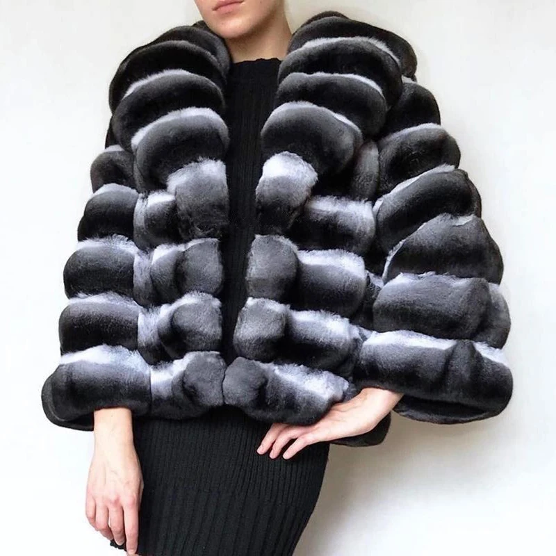 High Quality Real Fur Coat 2022 New Winter Whole Skin Genuine Chinchilla Color Rex Rabbit Fur Jacket Stand Collar Luxury Outwear