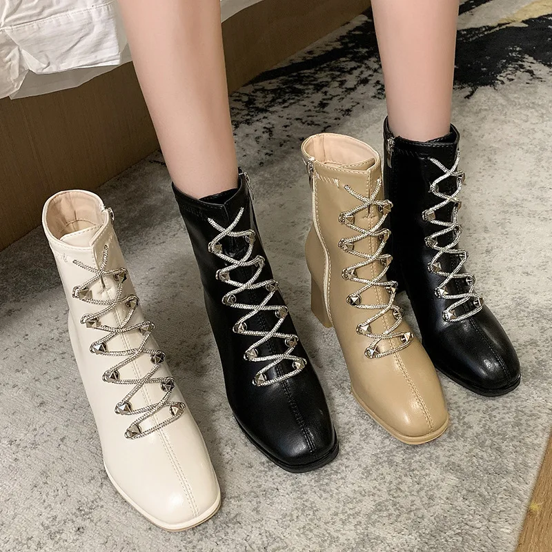

Women's Boots 2021 New Women's Short Boots Thick with Lace Up Women's Thin High-heeled Women's Boots Motorcycle Boots