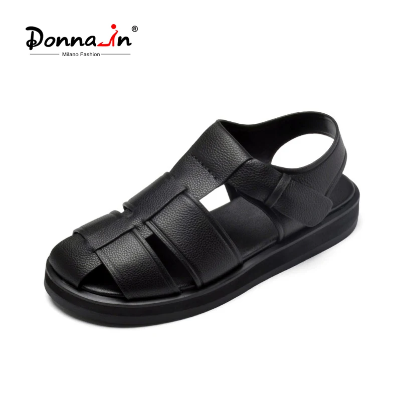 

Donna-in 2022 New Summer Black Calf Leather Gladiator Sandals For Women Platform Casual Female Shoes Wedge Heel Beach Sandal