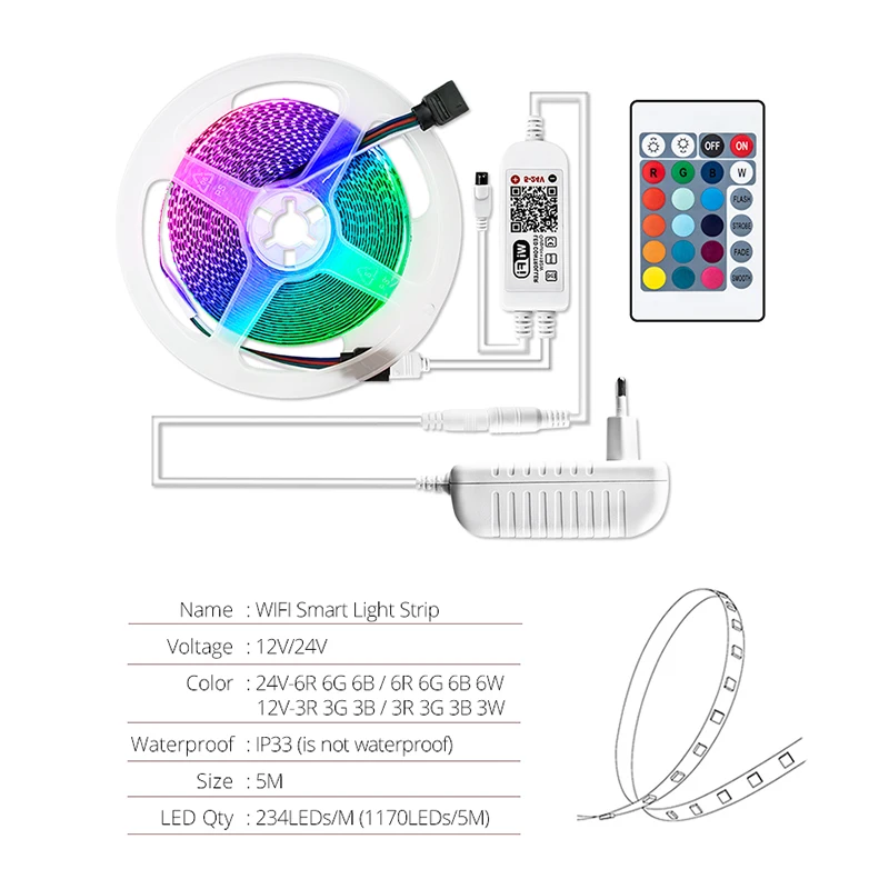 Светодиодная лента EeeToo Smart Wi Fi светильник 5 м RGB Диодная неоновая Tira fita 12 В