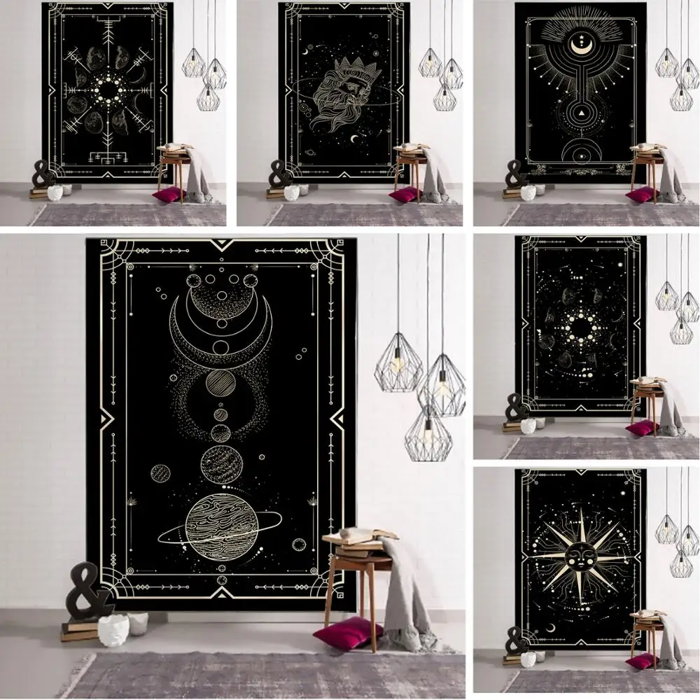 

Golden Black Sun Moon Tarot Mandala Tapestry Wall Hanging Witchcraft Hippie Wall Carpets Dorm Decor Psychedelic Tapestry