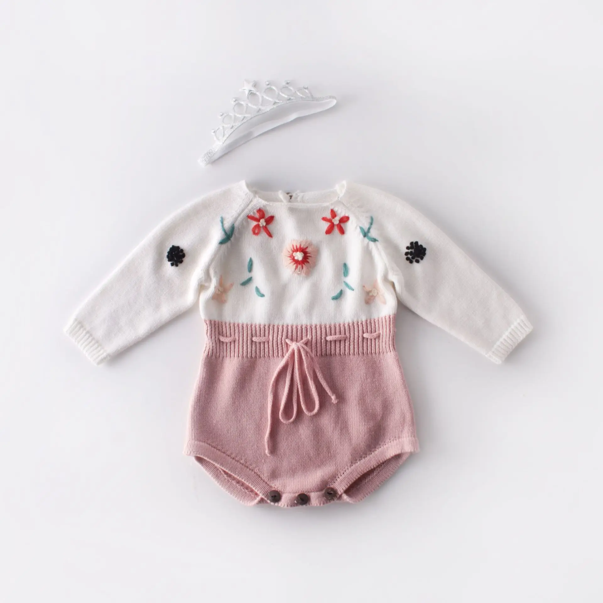 

Kids Girls Flowers Embroidery Crochet Sweater Rompers Fall Fashion Newborn Toddler Patchwork Lovely Child Knitted Clothes
