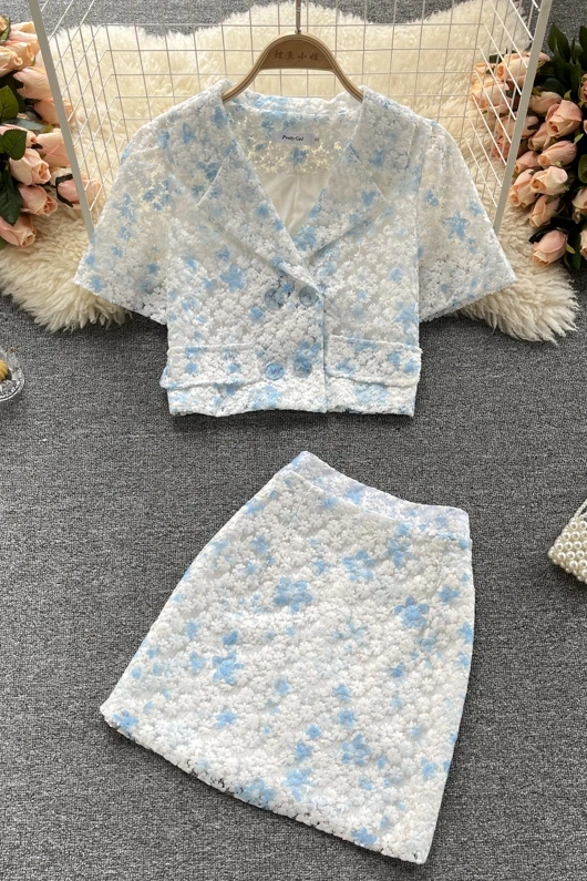 

Ladies temperament female summer heavy industry embroidery suit collar short top skirt elegant two-piece suit