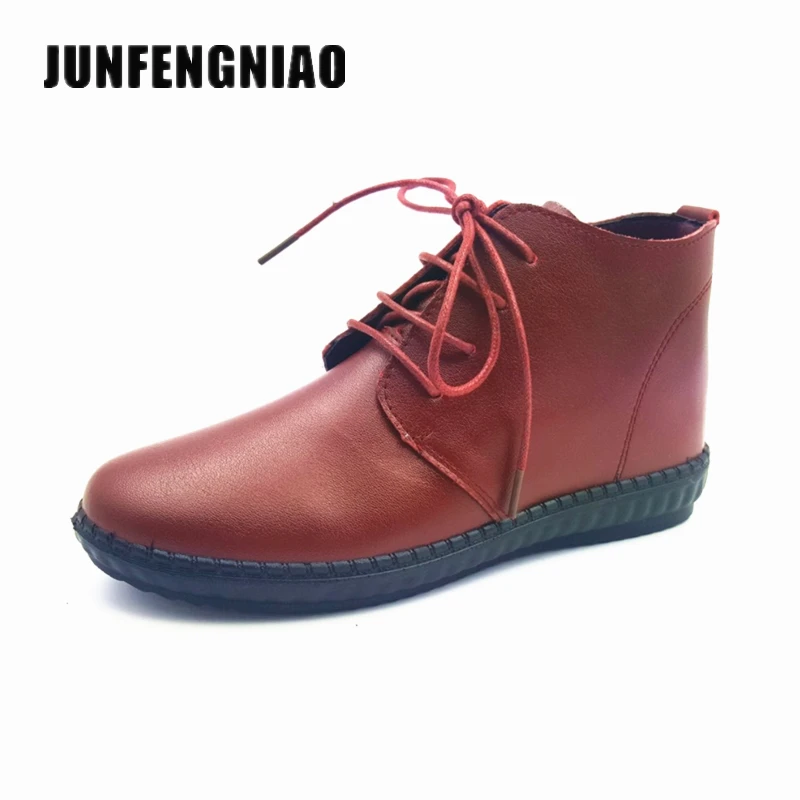 Бордовый JUNFENGNIAO/женские туфли-оксфорды на плоской подошве со шнуровкой повседневная женская обувь из мягкой натуральной кожи с круглым носком на резиновой подошве; Mulher; DNF952 - Цвет: Бордовый