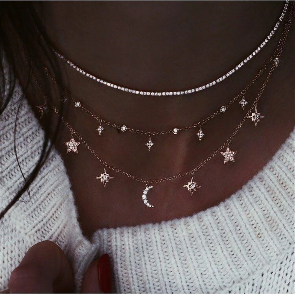 

Vintage Gold Color Geometric Multilevel Necklaces For Women Boho Crystal Star Moon Sun Pendant Necklace Jewelry Party Gift