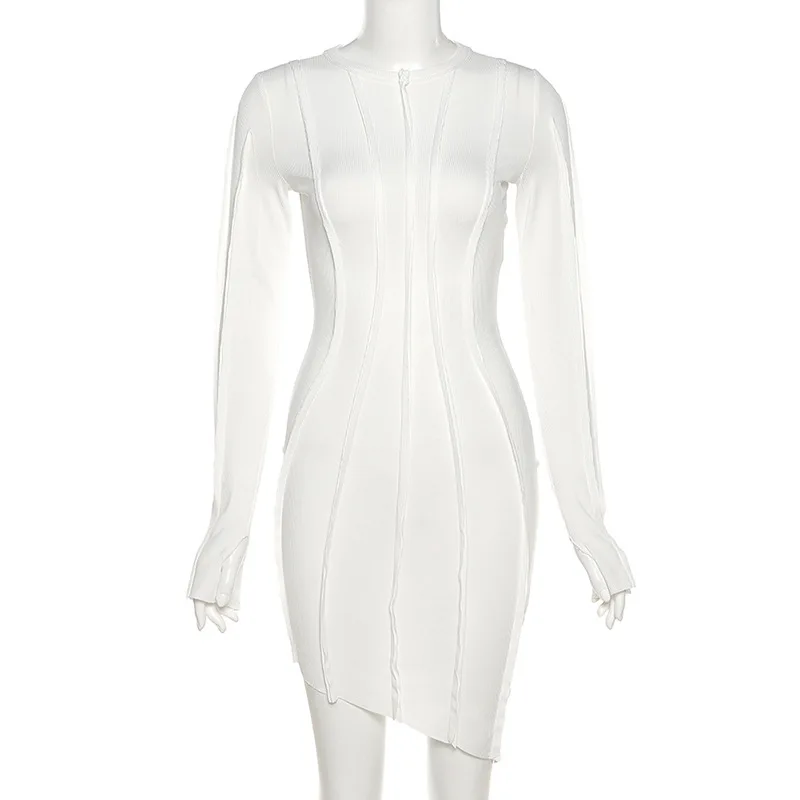 

Fashion Patchwork Long-sleeve Dresses Asymmetrical Bodycon Dress Women O-Neck Tight Mini T-shirt Dress White Black Streetwear