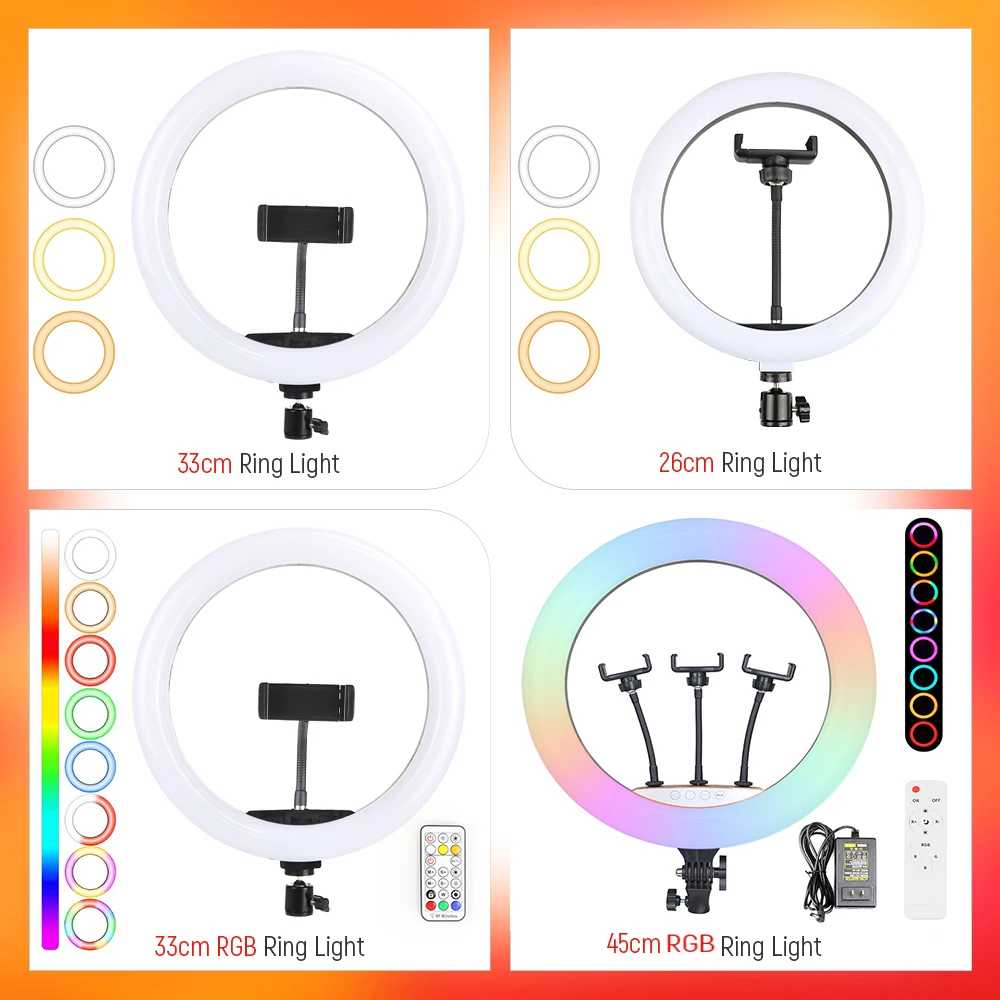 

45cm/33cm/26cm LED RGB Ring Light Selfie Lamp With Phone Clip Holder For Youtube Video Live Stream Photographic Studio Lighting