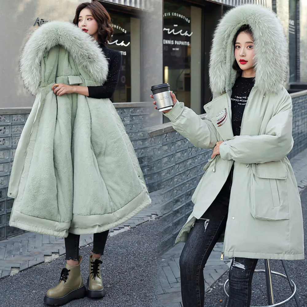 Vielleicht Thick Warm Winter Coat Women Pocket Winter Jacket Fur Liner Hooded Female Long Parkas Snow Wear Cotton Padded Clothes